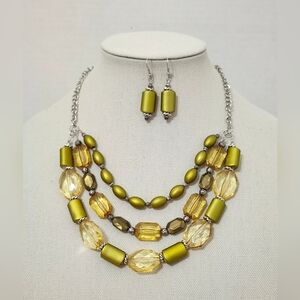 Olive Green Acrylic Bead Triple Layer Necklace And Earring Set Silver Tone OOAK